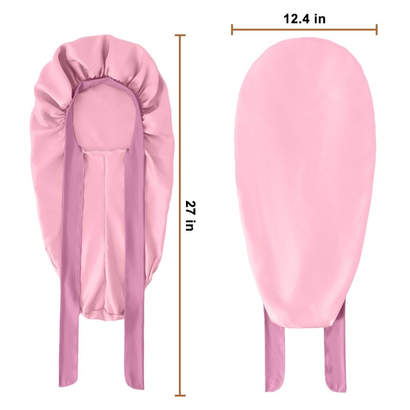 Supaze Long Bonnet For Sleeping, Satin Silk Bonnet With Tie Band, Jumbo Hair Bonnets For Women Long Braids Natural Curly Hair showercap(Pink) - Image 5